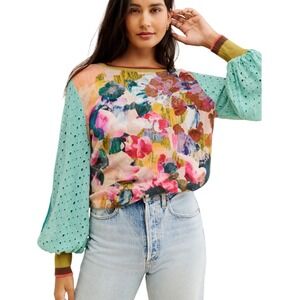 Blank London Floral Mixed Media Eyelet Balloon Sleeve Top Small Multicolor